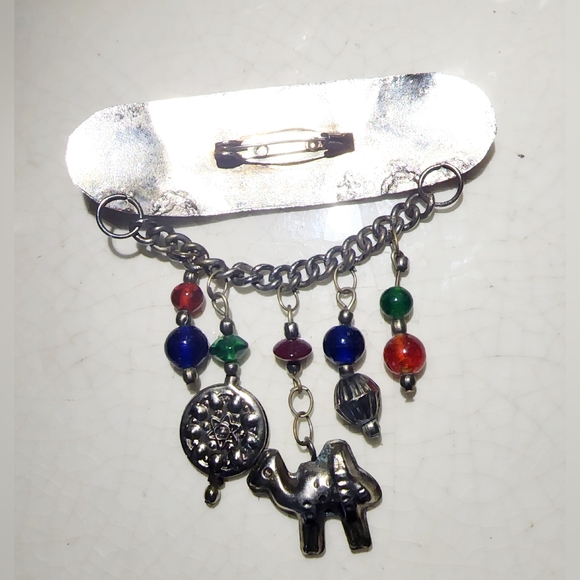 Egyptian Revival Moroccan large charm brooch, camel, medallion, beads dangle - Picture 5 of 8